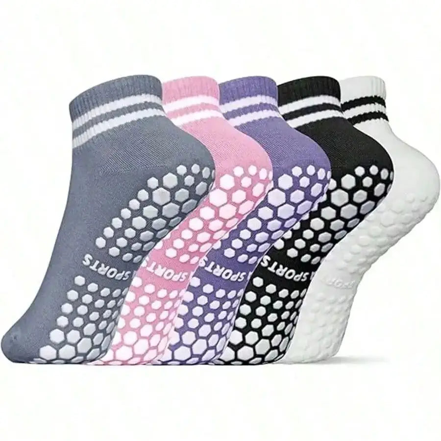 5 Pairs Grip Socks for Women, Non Slip Pilates Yoga Socks with Double Stripes Non Slip Socks for Workout, Ballet, Athletic Socks