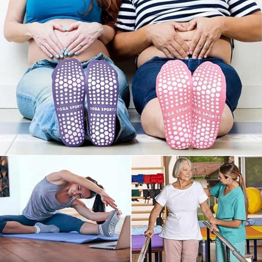 5 Pairs Grip Socks for Women, Non Slip Pilates Yoga Socks with Double Stripes Non Slip Socks for Workout, Ballet, Athletic Socks