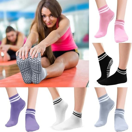 5 Pairs Grip Socks for Women, Non Slip Pilates Yoga Socks with Double Stripes Non Slip Socks for Workout, Ballet, Athletic Socks